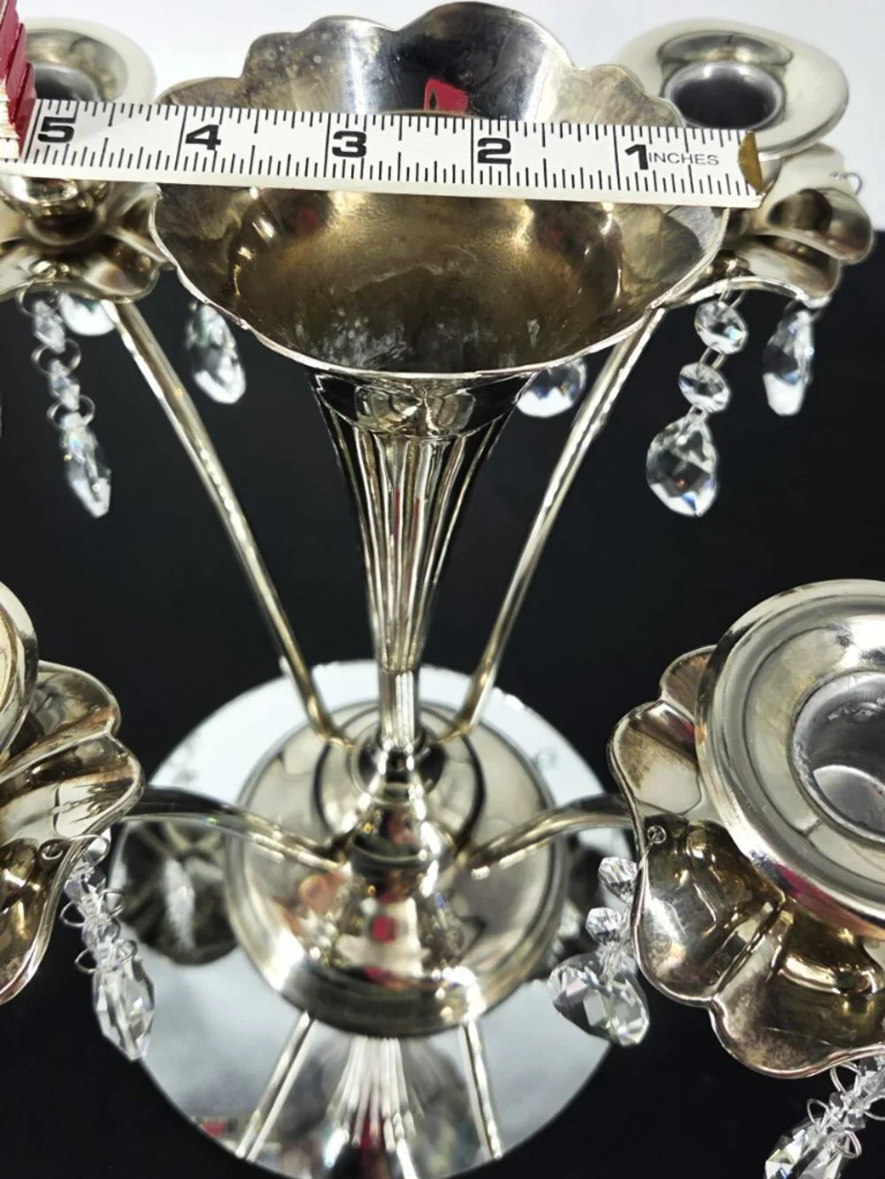 70s Silverplate Epergne 4 Arm Candelabra Trumpet Vase Crystals Japan Silversmith